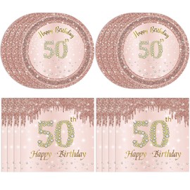 Juhap 50th Birthday Decorations for Women, Rose Gold Fifty Year Old Party Supplies Include 20 Plates 20 Napkins, Pink 50 Aged Birthday Party Tableware