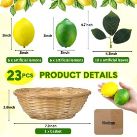 Wavwavw 12 Pcs Fake Lemon Artificial Fruits Yellow Green Faux Lemon Limes Mix Set with 10 Pcs Leaves 1 Pcs Woven Basket Lifelike Fake Lemon Decor for Kitchen Party Table Photo Prop Home House