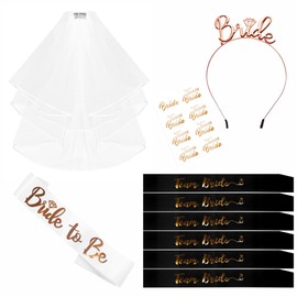 Hen Party Accessories Set of 10 - Bride to Be Sash and Veil Tiara Team Bride Sash Tattoos, Wedding Bride Sash and Tiara Veil Hen Do Accessories for Bridal Shower Hen Party Decorations White + Black