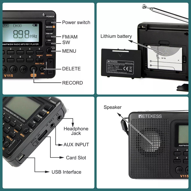 Retekess V115 FM AM SW Radio Digital Rechargeable MP3 Record