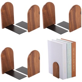 4 Pairs Wood Bookends, Heavy Duty Book Ends for Heavy Books, Non-Skid Book Organizers for Desk, Stylish Walnut Wood Design with Curved Top & Metal Support Base