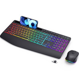 Wireless Keyboard and Mouse Combo - Dual System RGB Backlit Mouse and Keyboard,2.4G Rechargeable,Full-Sized Ergonomic Silent Design with Phone Holder for Windows Mac PC Laptop (Black-V1)