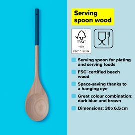 Tasty Wooden Kitchen Serving Spoon, Spoon Ladle with Blue Handle, Kitchen Spoon for Cooking and Serving Food, Wooden Kitchen Utensil, Dimensions: 30 x 6.5 cm, Colours: Light Brown and Blue