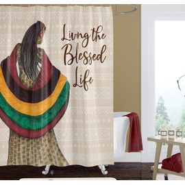 African American Expressions Shower Curtain with Hooks - 71 x 71 Inch, Blessed Life Mudcloth Pattern