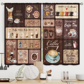 Riyidecor Brown Cafe Coffee Kitchen Curtains Rustic Vintage Latte Cappuccino Cafe Bean Theme Rod Pocket Modern Cool Bedroom Living Room Treatment Fabric 2 Panels 27.5Wx39H Inch