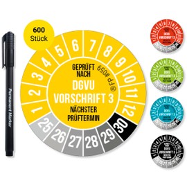 Frank Paperman® 600x DGVU V3 Test Badges Yellow 20 mm Diameter Including Foil Pen, Test Badges Next Test Date, UV-Resistant, High Adhesion, 5 Colours, 2 Sizes