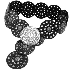 Heyjoin Hollow Wide Disc Belt for Women Out Round Leather Metal Buckle Belt Soft Durable Vintage Western Waist Belts (Silver Black A-XL)