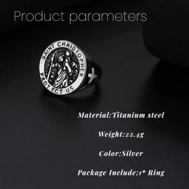 GAUEIOUR Signet Ring for Men with Saint Christopher,Saint Christopher Protect US Statement Bands,Gothic Sliver Ring Amulet Jewellery Gift,Titanium Steel Ring,Szie 8(Silver)