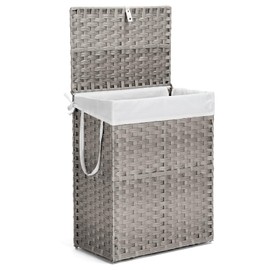 DUMOS Woven Laundry Basket with Lid, 90L Large Capacity Hamper, Removable & Machine-Washable Liner, Foldable Rattan Clothes Hamper, Sturdy Steel Frame, Odor Control, Dove Gray