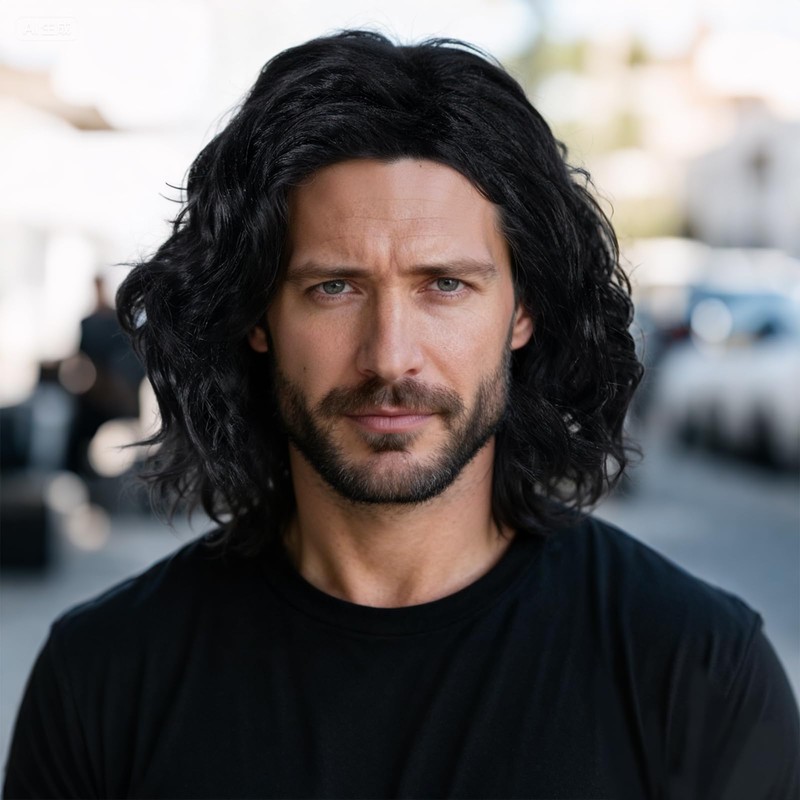 ESUNO Short Black Wavy Wig Men Black Curly Wig Middle
