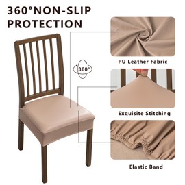 NILUOH Waterproof Seat Covers for Dining Room Chairs Set of 2, Pu Leather Chair Seat Slipcovers Dining Chair Cover Removable Washable Chair Protctor Cover, Rear Covers (PU-Khaki)