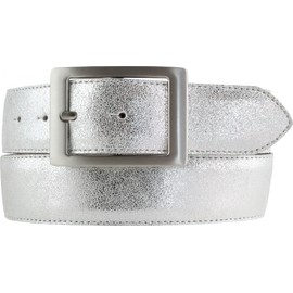 BELTINGER High-Quality Belt Metal Look with Double Buckle 4 cm Leather Belt Metallic Look 40 mm Genuine Leather Metal Leather Belt, Silver