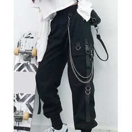 XKBHYD Women's Elastic Waist Cargo Pants Loose Chain Pants Multi Pocket Pants Black Gothic Trousers
