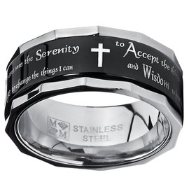 Men's Women's Black Stainless Steel Religious Cross Serenity Prayer Spinner Ring 9MM Size 10