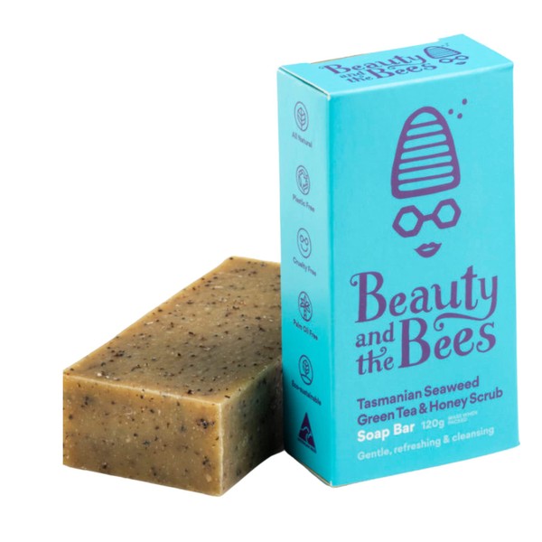 Beauty and the Bees 100% Natural Tasmanian Seaweed & Green Tea Leatherwood Honey Soap Scrub Bar Cleanser for Face Hands & Body | Zero waste & Eco-Friendly