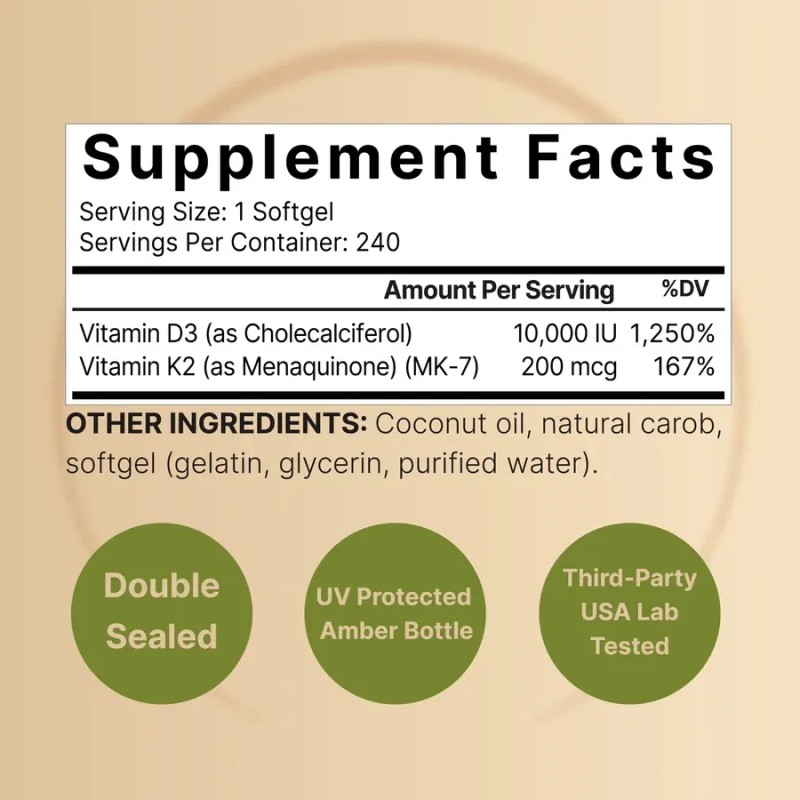 Vitamina D3 10,000 + K2 200mcg 240 Unidades Eg D115