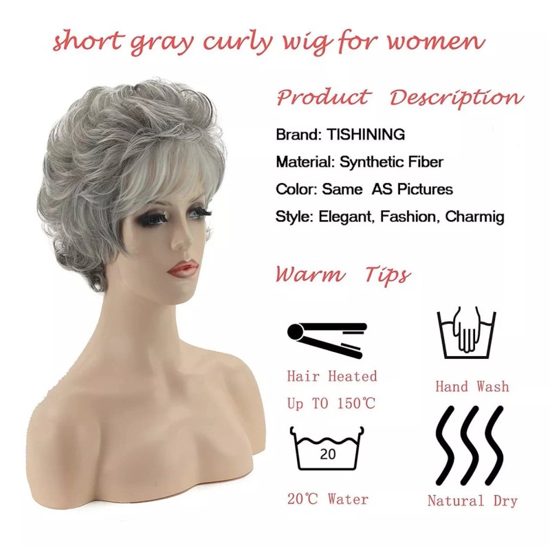 Tishining Pelucas Cortas Rizadas Grises Para Mujeres Blancas, Peluca D