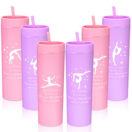 Ninehaoou 6 Pcs Gymnastics Gifts for Girl Women 16 oz Water Bottle Gymnastics Party Favor Plastic Skinny Tumblers with Lids and Straws for Gymnast Lovers Team Party