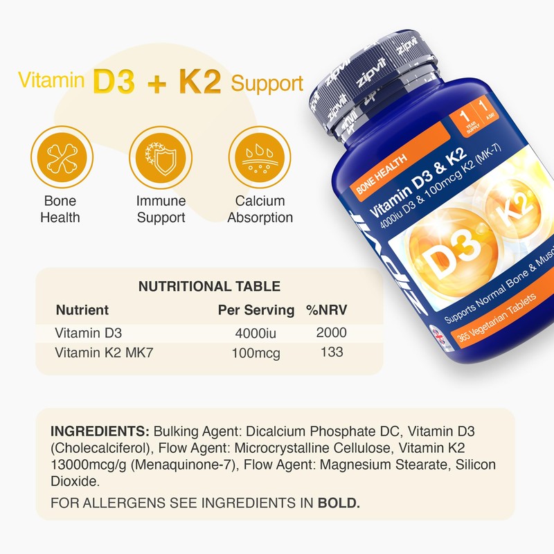 Zipvit Vitamin D3 4000 iu & Vitamin K2 MK7 100μg,