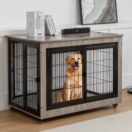 Dog Crate,38/43 Inch Dog Cage Furniture,Large Dog Kennel with Double Doors,Heavy Duty Dog Crate with Wheels,Wooden Dog Crate Mental Frame with Pull-Out Tray for Medium/Large/Small Dog (Gray, 38in)