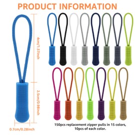 150pcs Zipper Pull Replacement 15 Colors Nylon Cord Zipper Tag Replacement Zippers Pull Tab Replacements Zippers Extension Zip Fixer for Backpacks, Jackets, Luggage, Purses, Handbags, Sweatshirt