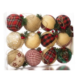 Adornos colgantes de Navidad de arpillera, decoración rústica de Navidad, adornos de bola de yute natural para Navidad, fiesta, decoración del hogar, 12 piezas