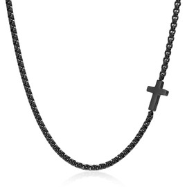 FLHEART Sideways Cross Chain Necklace for Men, Stainless Steel Sideways Mens Cross Necklace Silver/Black Box Chain for Men, Cool Non Tarnish Christian Jewelry Gifts for Him for Him, 20"/22"
