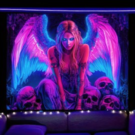 BlissYard Blacklight Tapestry Gothic Neon Angel Tapestry Blacklight Angel Wings Wings Wall Psychedelic Spooky Wall Hanging Black Light Decor UV Reactive Glow in the Dark Room Decor 78x59 Inch
