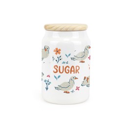 Purely Home Ducks & Flowers Ceramic Sugar Storage Canister - Floral Birds Artwork Kitchen Food Storage Container & Wooden Lid 600ml (14.5cm x 9.5cm)