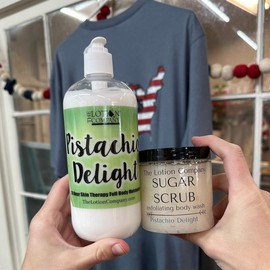 COMBO PACK: BODY LOTION + SUGAR SCRUB EXFOLIATING BODY WASH DUO; BODY CARE by The Lotion Company; Holiday Gift Idea; 16 oz lotion - Fragrance: Pistachio Delight