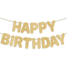 JunyRuny Pre-Strung Happy Birthday Banner Gold Glitter Banner, Golden 30th 40th 50th 60th 70th 80th Birthday Party Decorations & Decor for Women & Men & Boy & Girl, Happy Birthday Backdrop/Sign/Gift