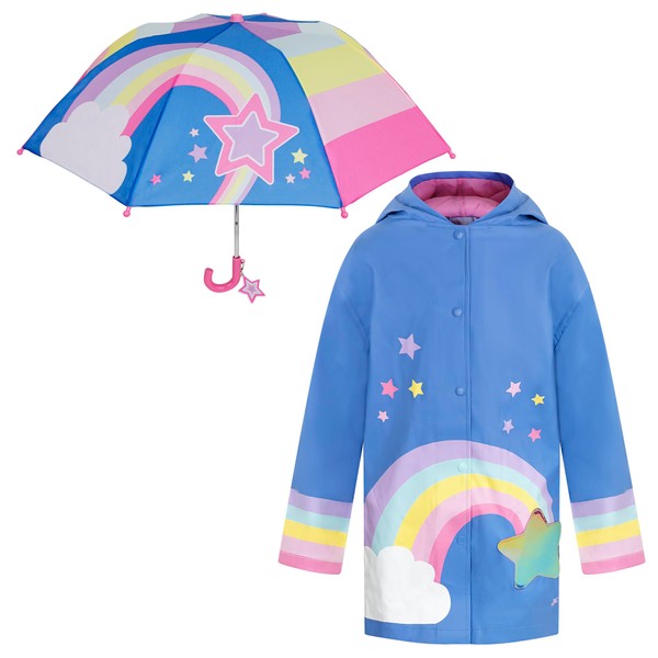 addie & tate Rainbow Rain Coats for Girls with Stars & Kids Umbrella Set - Kids Umbrellas for Rain - Kid Raincoat Rain Jacket for 7-9