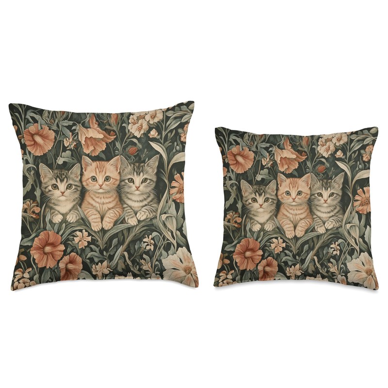Three Kittens William Morris Style Tapestry Throw Pillow