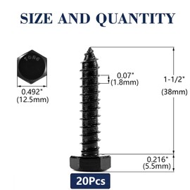 SG TZH Hex Head Screws for Screws, 20 Pieces 304 Stainless Steel 18-8, Partial Thread, Hex Head Screws for Oxide Wood by 5/16" X 1-1/2" Black
