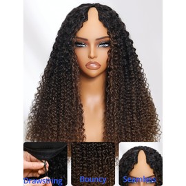 Nadula EasiContour V Part Curly Wigs Human Hair No Leave Out Ombre Black to Chestnut Brown Clip in V-part Wig,12A Glueless Highlight Upgrade U Part Human Hair Wig Ready to Go 180% Density 18inch
