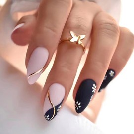 ANDGING Matte Black Press on Nails Almond Short Medium fake on Nail for Women Gold Line Flower Designs Artificial Fake Stick on Nail Gel Manicure Acrylic False Nail for Wedding