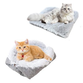 Furry Self Warming Cat Mat for Cats Dogs Fluffy Soft Cat Bed 2 in 1 Cat Mat Self-warming Dog Bed Foldable Convertible Self Heating Plush Cat Bed Nest, for Indoor Cat Plush Cushion Bed, Gray (70x60cm)
