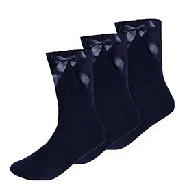 ITRAT® 3 Pairs Ankle Socks with Bow for Kids Girls School Uniform Party Casual Wear Cotton Rich Back to School Mid Calf Socks (12-3 Navy)