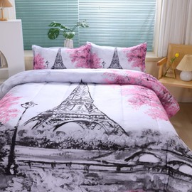 Suncloris Paris Style Comforter Set for Girls Teens, Queen Size France Eiffel Tower Bedroom Themed Bedding Comforter with 2 Romantic French Pink Flowers Patterned Pillowcases-90 x90(Queen, Grey)