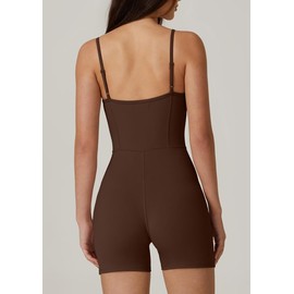 QINSEN Woman's Strappy Jumpsuit Slimming Fit Straight Neckline Short Romper Playsuit Chestnut S