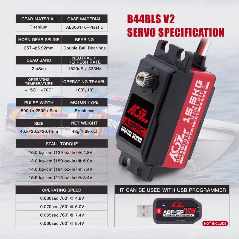 AGFRC 15.5KG Low-Profile High-Torque Steering-Servo - Brushless Digital Metal Gear