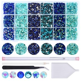 22380Pcs Blue and Cyan-Blue Color Flatback Rhinestones Kit for Nail Crafts DIY Decoration Non-hotfix Resin Round Shape Crystal(3mm,4mm,5mm)