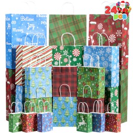 JOYIN 24 PCS present Bags Bulk with Handle for Holiday Wrapping, Xmas Goody Bags, Large (15 x 12 x 5 inches), Medium (12 x 10 x 5 inches), Small (9x 7 x 4 inches) and XS (7 x 5 x 3 inches)