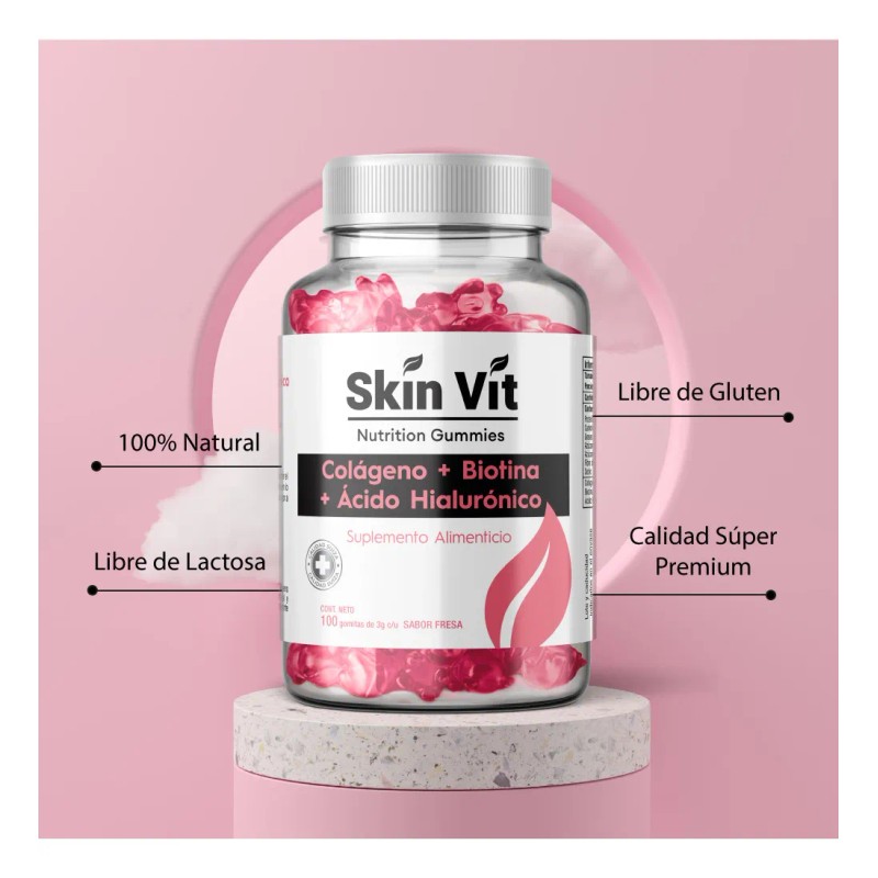 Colágeno Biotina Ácido Hialuronico Skin Vit 100 Gomitas Sabor Fresa