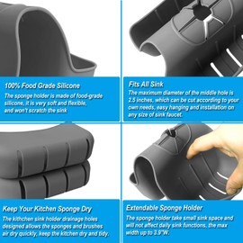 Sponge Holder for Kitchen Sink, Silicone Sink Saddle Caddy Organizer Rack, Sponges Holder Over Faucet, Hanging Kitchen Organizer Accessories Rack Basket - Dark Gray