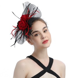 LATIMOON Derby Headband Holiday Wedding Hats Fascinators Tea Party Cocktail Party Hat for Women and Girls Black-red