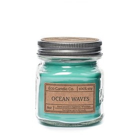 Eco Candle Co. Mason Jar Candle, Ocean Waves, 8 oz. - Scents of Marine Air, Citrus, & Musk - 100% Soy Wax, No Lead, Kraft Label & Antiqued Pewter Lid, Hand Poured, Made from Midwest Grown Soybeans