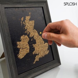Splosh Travel Map - Desk UK Map & Ireland Map Pin Board in Black, Wooden Frame. Travel Map Pin Board with 100 Pins in 2 Colours to Mark Your Past & Future Adventures, Map of UK & Map of Ireland.