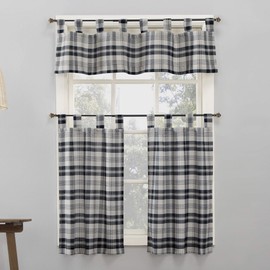 No. 918 Blair Farmhouse Plaid Semi-Sheer Tab Top Kitchen Curtain Valance, 52" x 14", Charcoal/Ecru Off-White