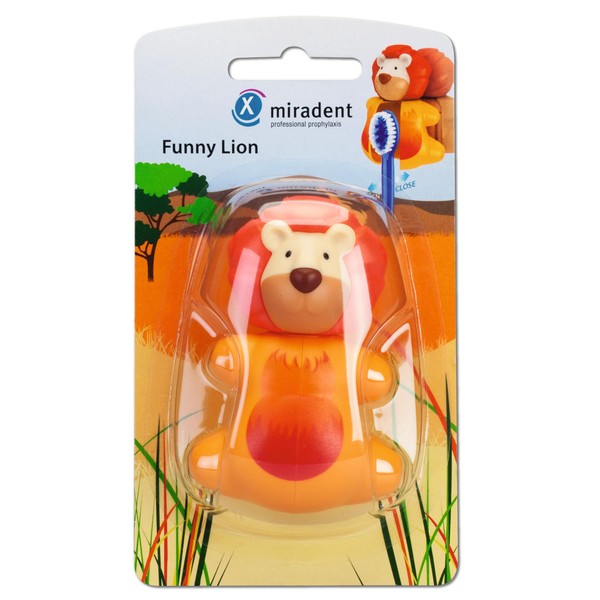 miradent Funny Animals Hygienic Toothbrush Holder Lion Pack of 1 | Patented Snap Closure | with Ventilation | Suitable for Standard Toothbrushes | with Suction Cups | for Children from 3 Years